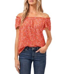 CeCe Womens Coral Stretch Ruffled Floral Short Sleeve Off the Shoulder Blouse